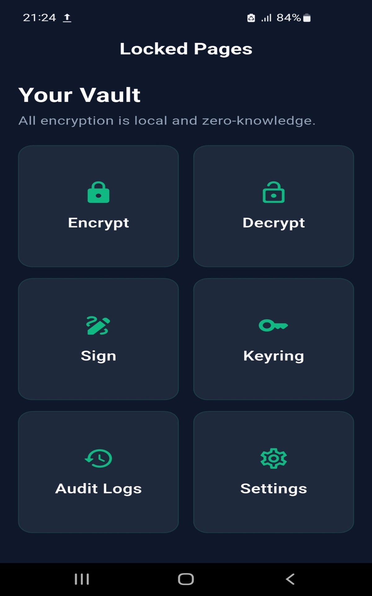 LockedPages vault — main screen